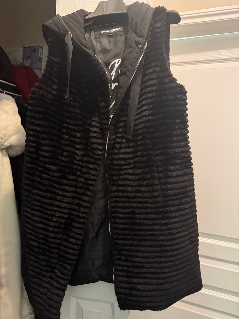Karl Lagerfeld Black Ribbed Faux-Fur Hoodie Vest